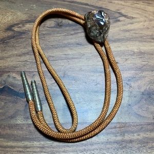 Bolo tie BROWN Rock with Textile Cord, Metal Trim 17”